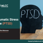 Post Traumatic Stress Syndrome (PTSD) webinar slide by MLCC featuring presenter Dr. Tabatha Maiorano, with visual of a silhouette labeled PTSD and a person expressing emotional distress.